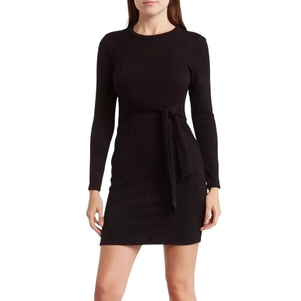 Tash + Sophie Sweater Dress Long Sleeve Crew Neck Tie Waist Bodycon Mini Black S